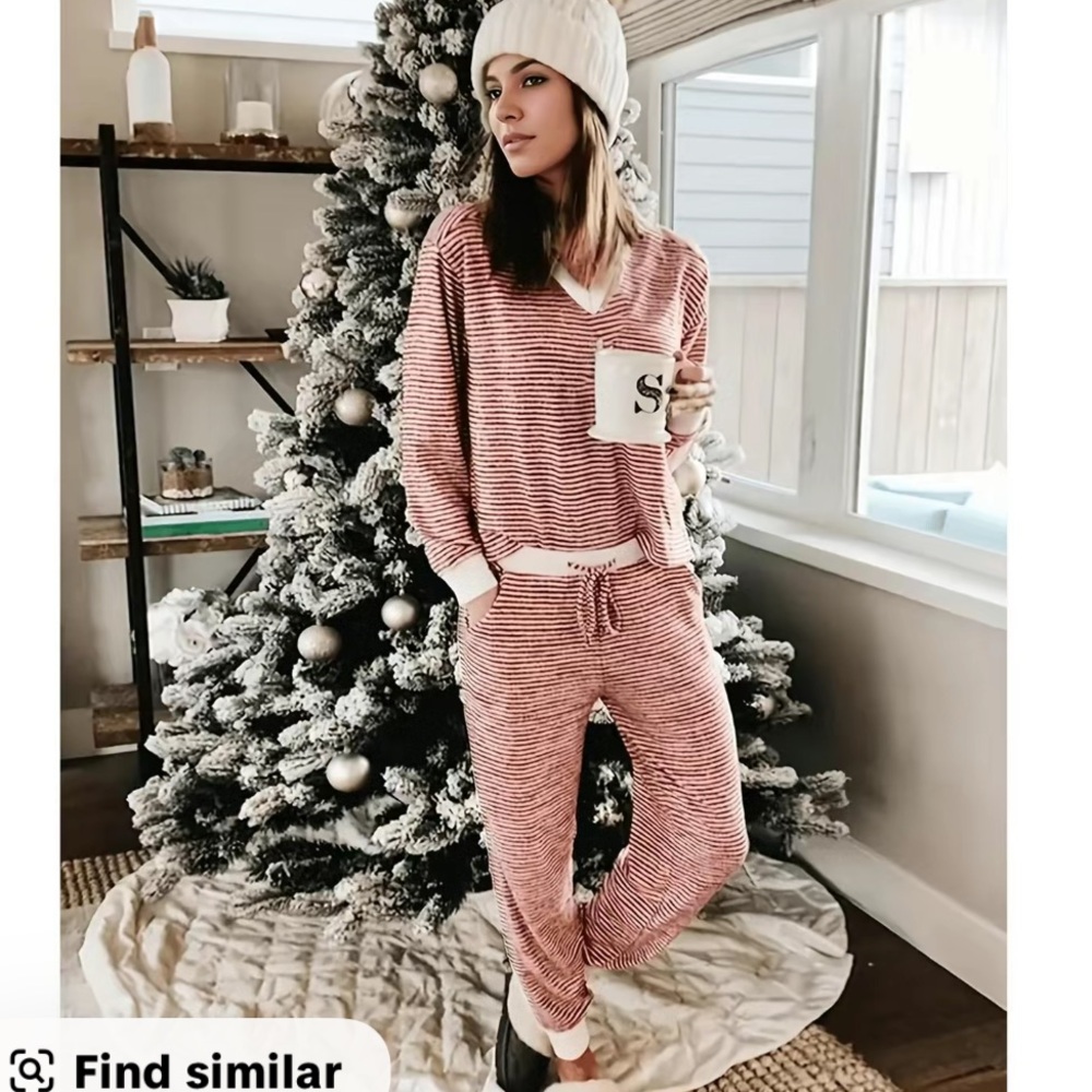 Red and White Striped V-Neck 
Christmas PJs-New - Picture 2 of 9